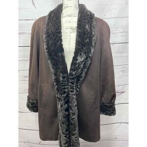 Alorna Wool‎ Coat Brown Faux Fur Trim Shawl Collar Swing Size Large USA